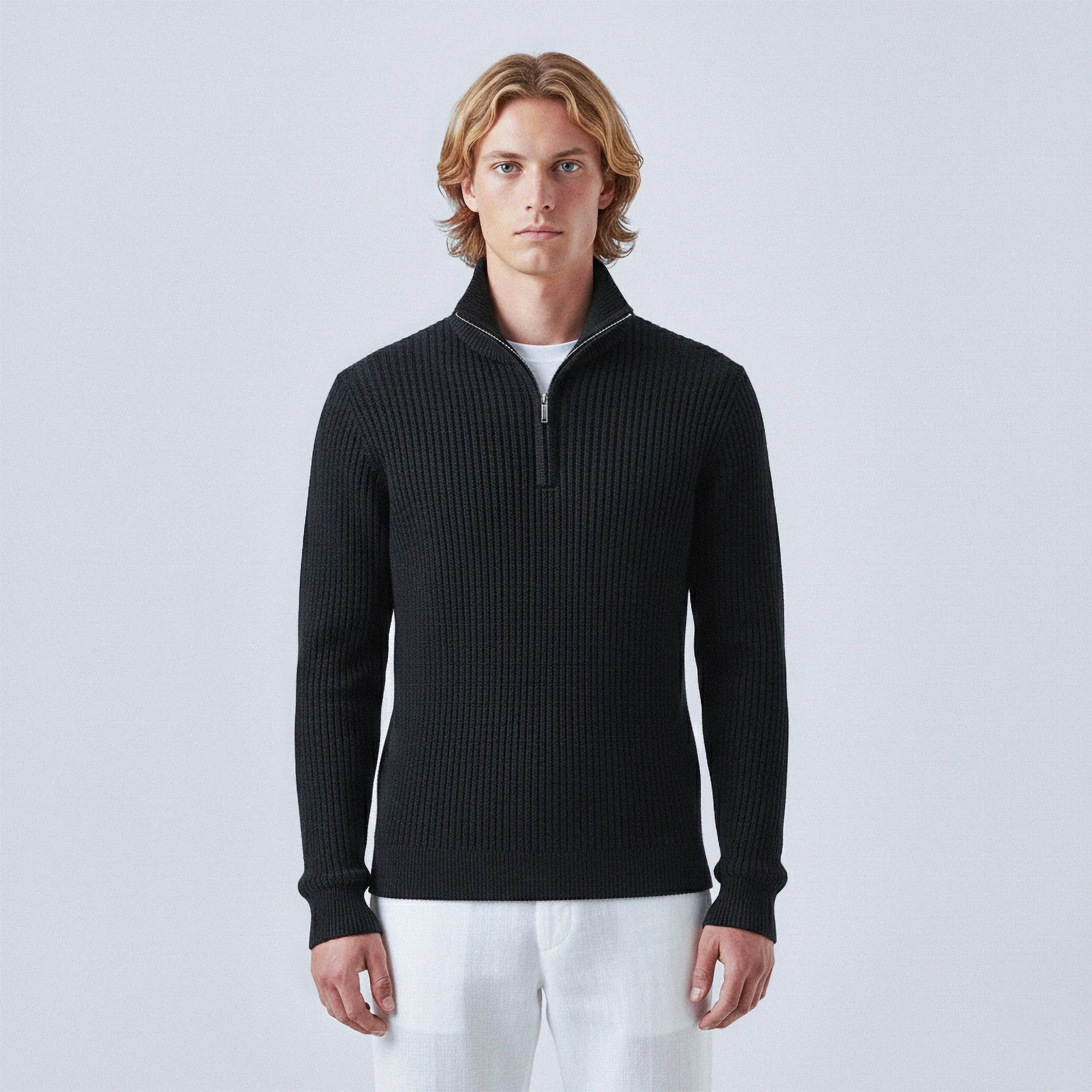 Maglione in cotone a coste con zip frontale a metà busto